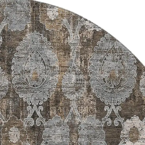8' Chocolate Beige And Gray Damask Washable Round Rug With UV Protection Photo 3