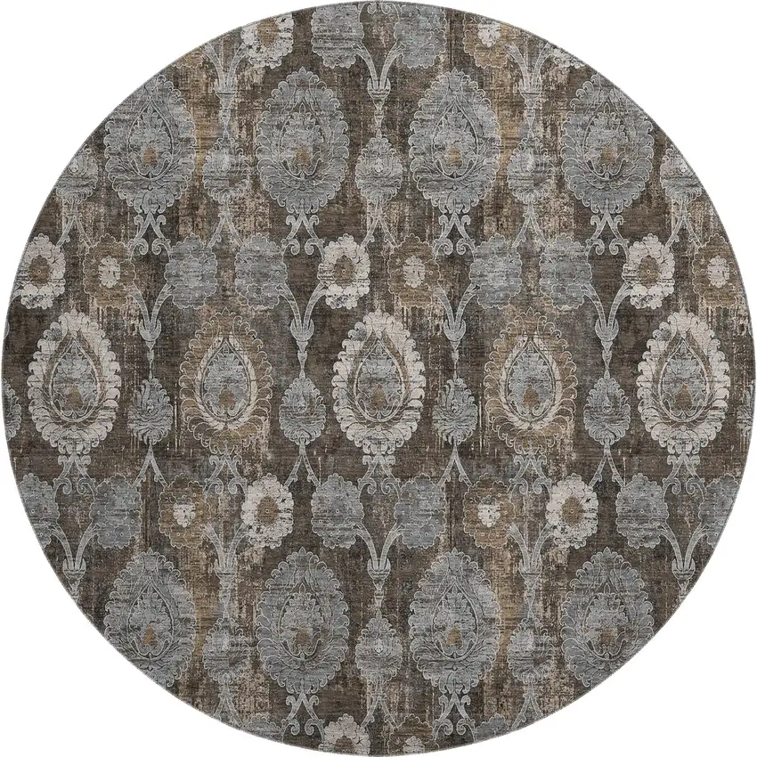 8' Chocolate Beige And Gray Damask Washable Round Rug With UV Protection Photo 1