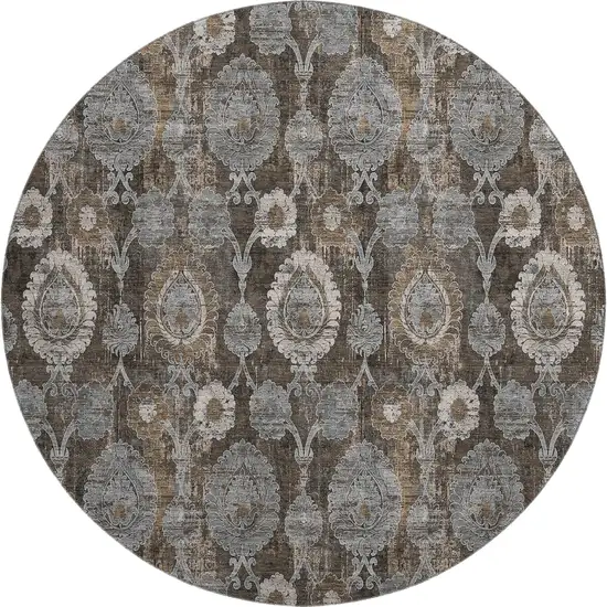 8' Chocolate Beige And Gray Damask Washable Round Rug With UV Protection Photo 1