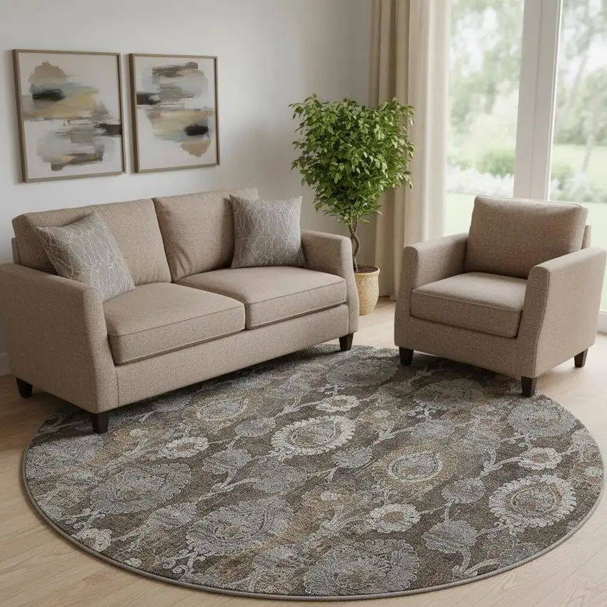 8' Chocolate Beige And Gray Damask Washable Round Rug With UV Protection Photo 1