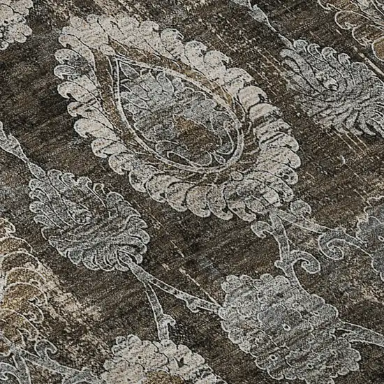 8' Chocolate Beige And Gray Damask Washable Round Rug With UV Protection Photo 9