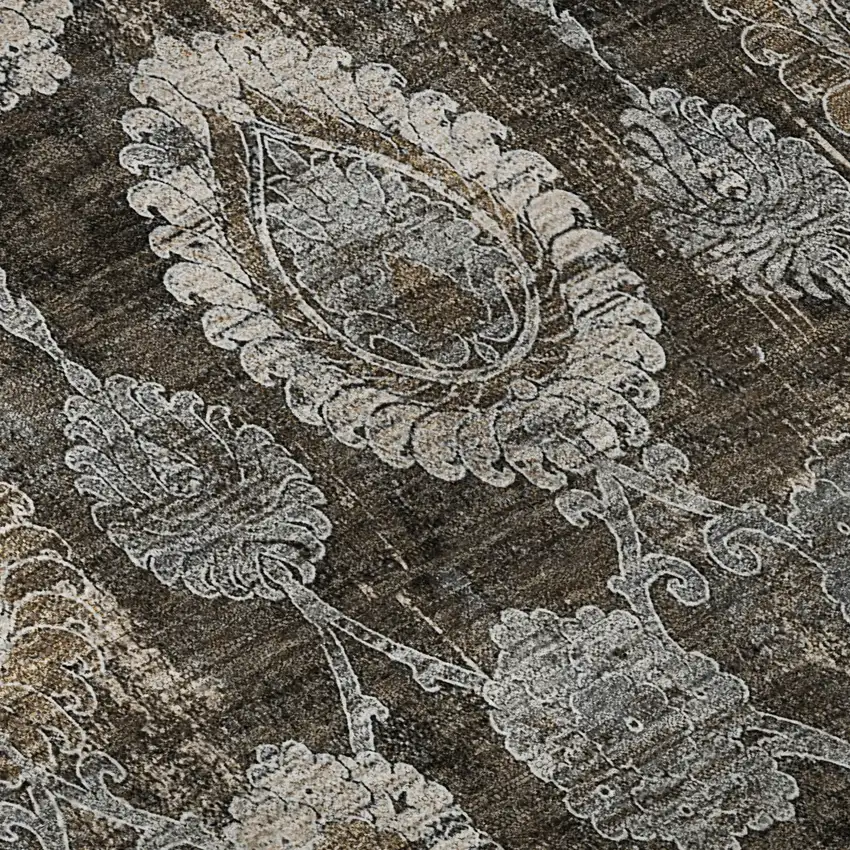 8' Chocolate Beige And Gray Damask Washable Round Rug With UV Protection Photo 9