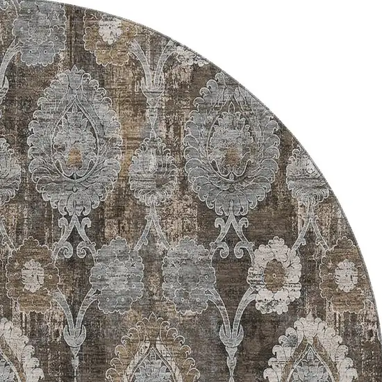 8' Chocolate Beige And Gray Damask Washable Round Rug With UV Protection Photo 4