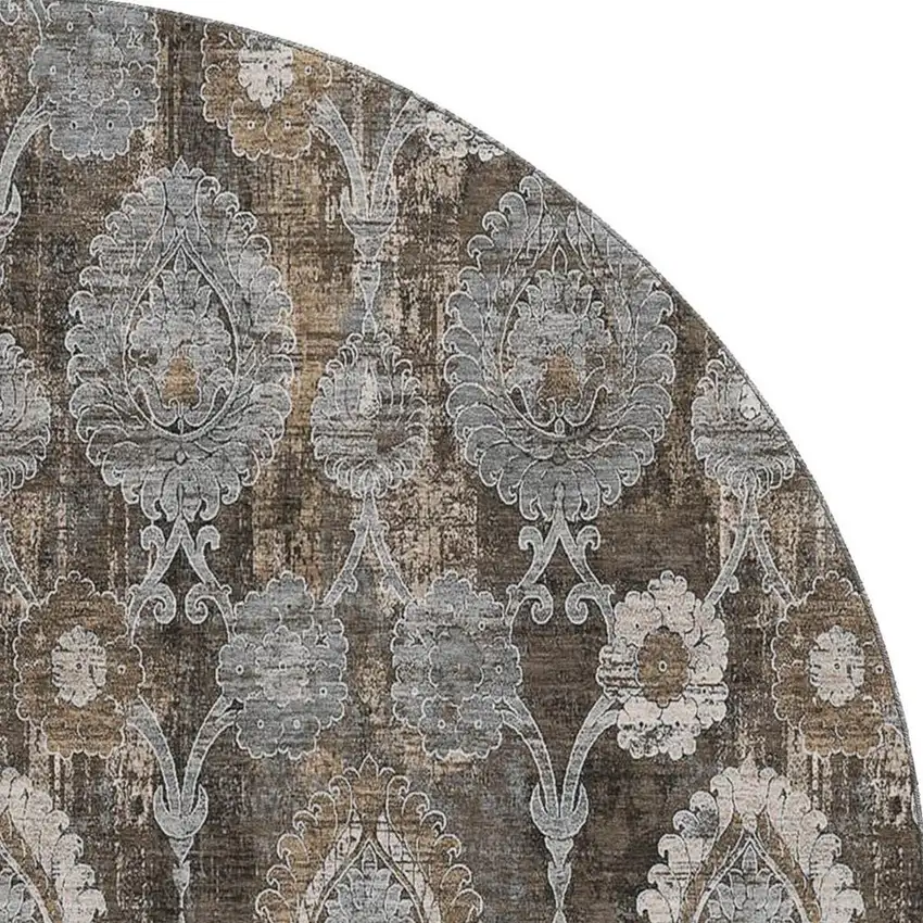8' Chocolate Beige And Gray Damask Washable Round Rug With UV Protection Photo 4