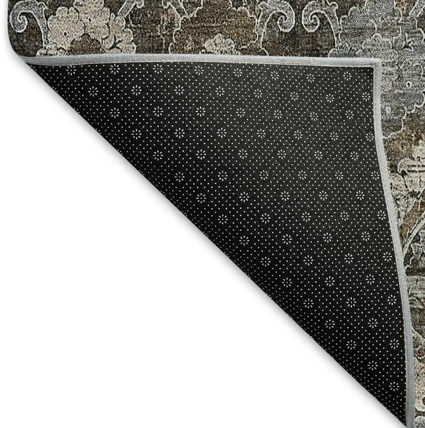 8' Chocolate Beige And Gray Damask Washable Round Rug With UV Protection Photo 6