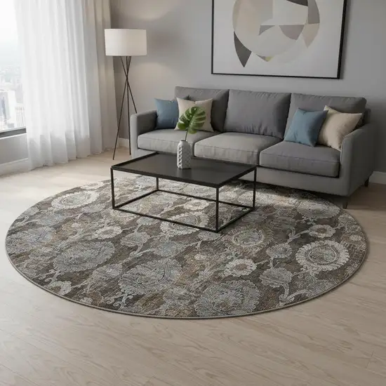 8' Chocolate Beige And Gray Damask Washable Round Rug With UV Protection Photo 2
