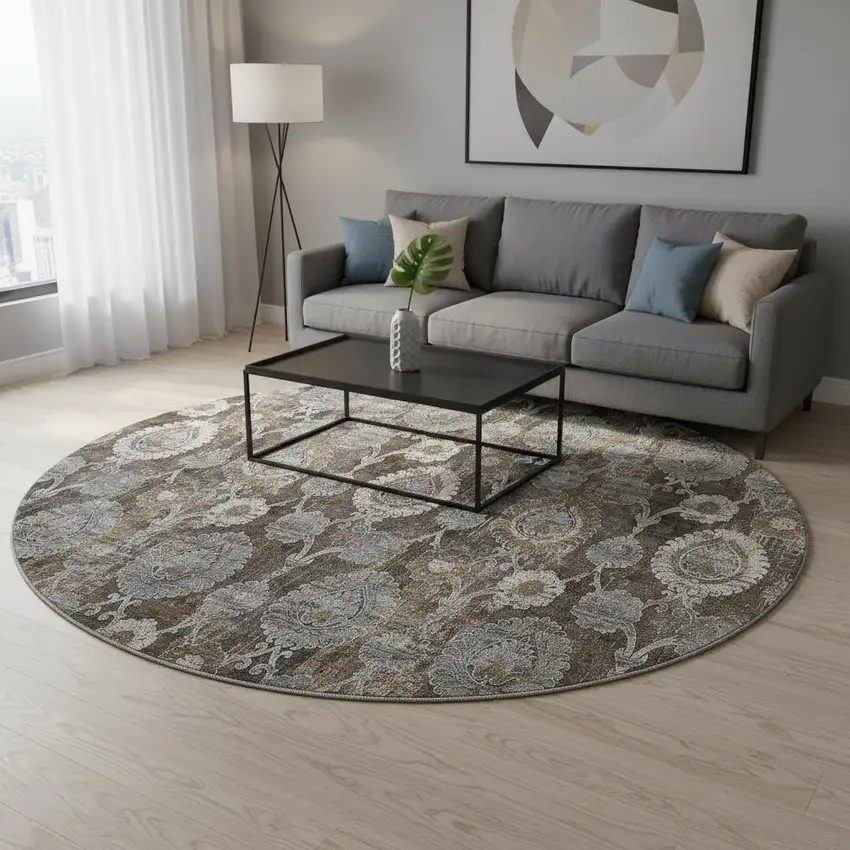 8' Chocolate Beige And Gray Damask Washable Round Rug With UV Protection Photo 2