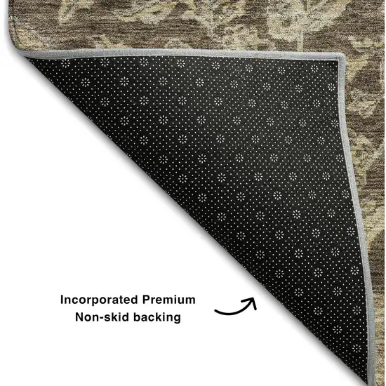 8' Chocolate Beige And Gray Floral Medallion Washable Round Rug With UV Protection Photo 5