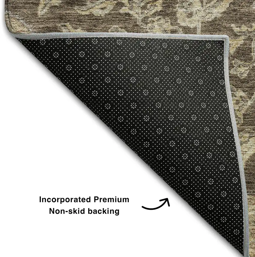 8' Chocolate Beige And Gray Floral Medallion Washable Round Rug With UV Protection Photo 5