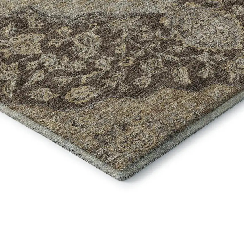 8' Chocolate Beige And Gray Floral Medallion Washable Round Rug With UV Protection Photo 6