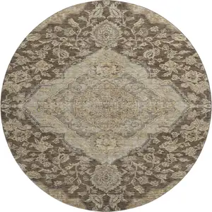 Photo of 8' Chocolate Beige And Gray Floral Medallion Washable Round Rug With UV Protection