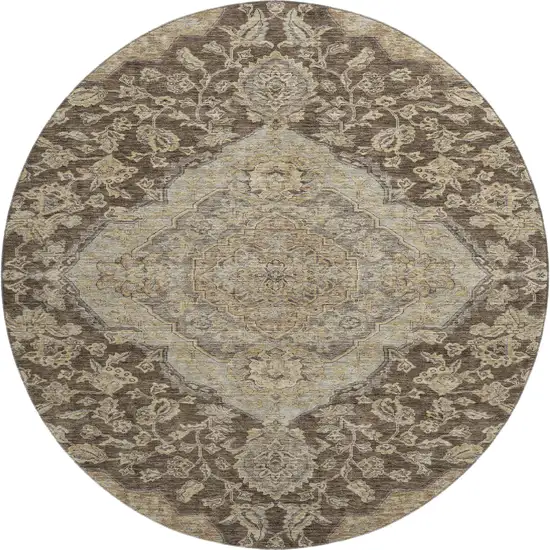 8' Chocolate Beige And Gray Floral Medallion Washable Round Rug With UV Protection Photo 1
