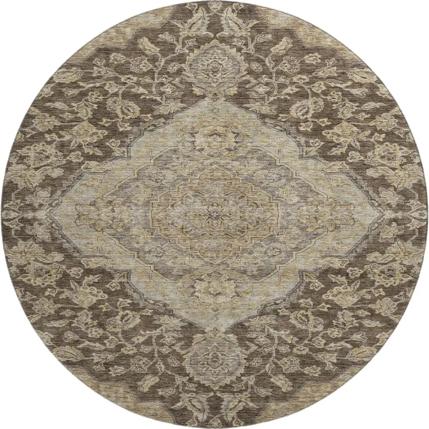 8' Chocolate Beige And Gray Floral Medallion Washable Round Rug With UV Protection Photo 1