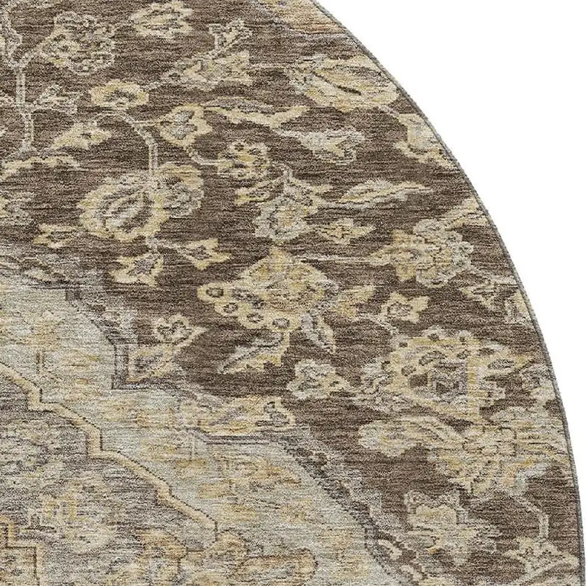 8' Chocolate Beige And Gray Floral Medallion Washable Round Rug With UV Protection Photo 2