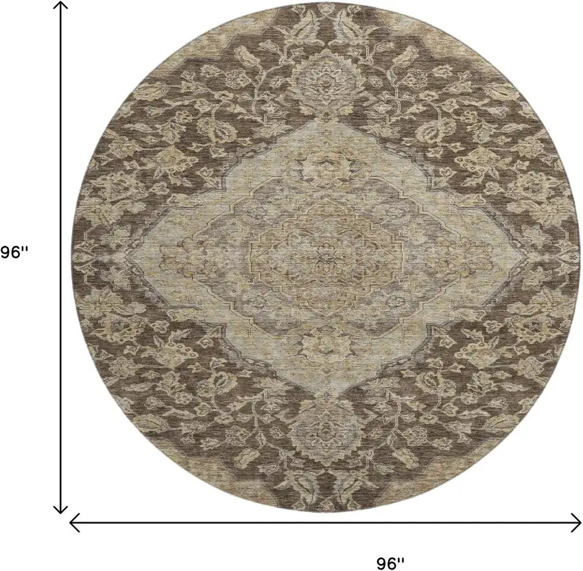 8' Chocolate Beige And Gray Floral Medallion Washable Round Rug With UV Protection Photo 9