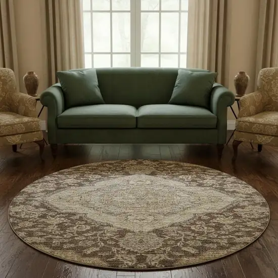 8' Chocolate Beige And Gray Floral Medallion Washable Round Rug With UV Protection Photo 2
