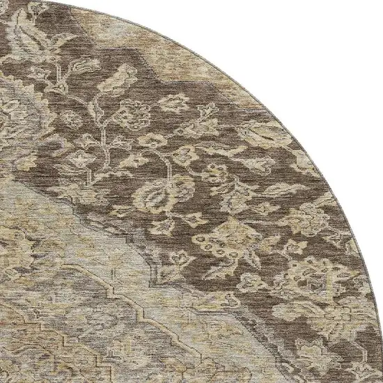 8' Chocolate Beige And Gray Floral Medallion Washable Round Rug With UV Protection Photo 3