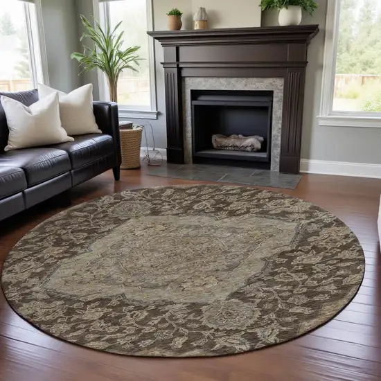 8' Chocolate Beige And Gray Floral Medallion Washable Round Rug With UV Protection Photo 4