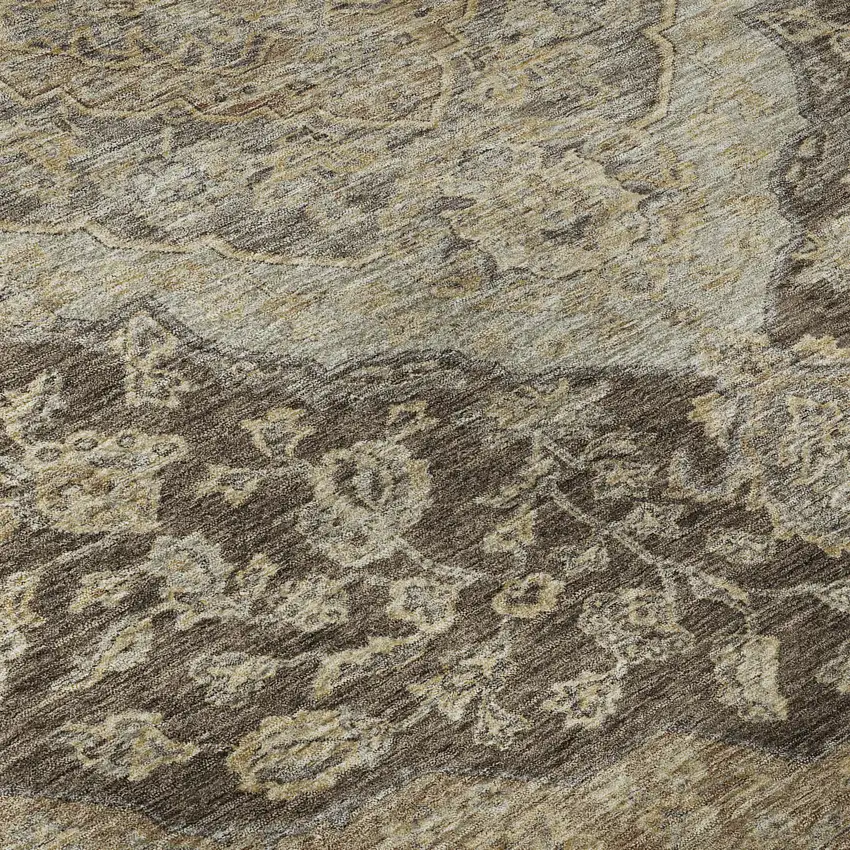 8' Chocolate Beige And Gray Floral Medallion Washable Round Rug With UV Protection Photo 8