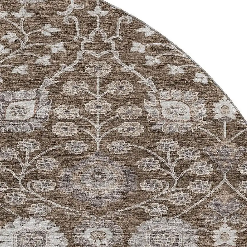 8' Chocolate Beige And Gray Floral Washable Round Rug With UV Protection Photo 2