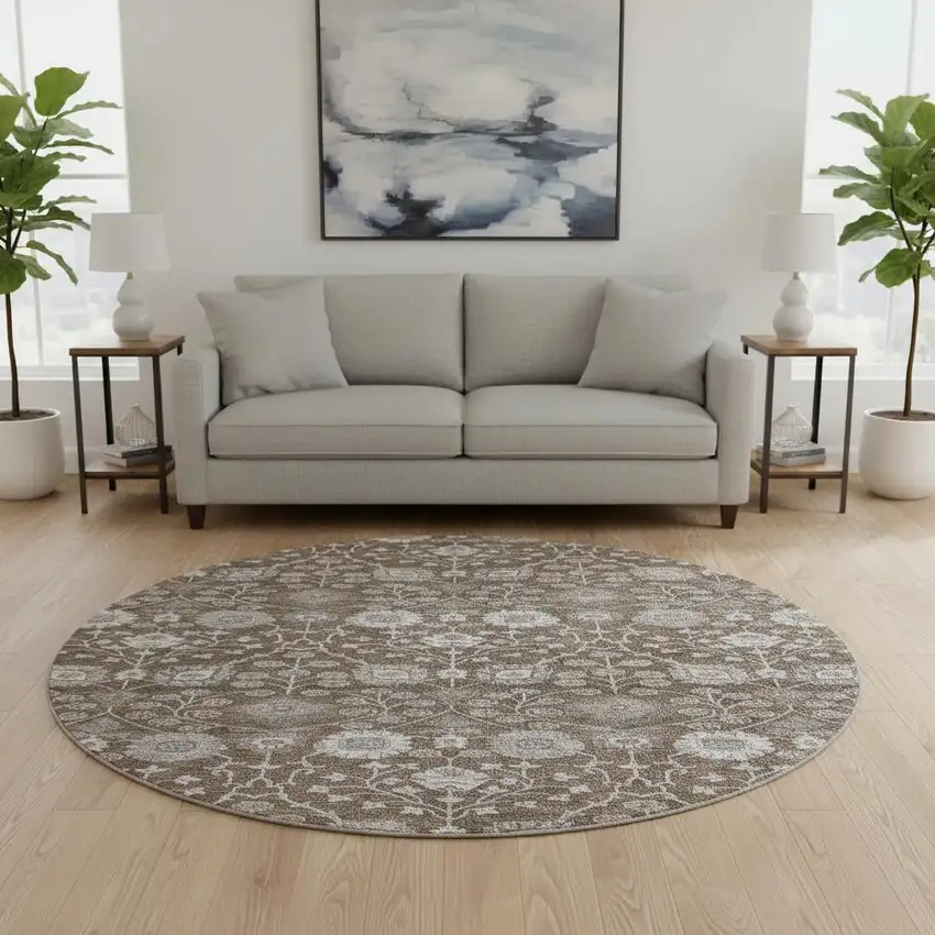 8' Chocolate Beige And Gray Floral Washable Round Rug With UV Protection Photo 2