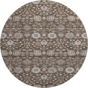 Photo of 8' Chocolate Beige And Gray Floral Washable Round Rug With UV Protection