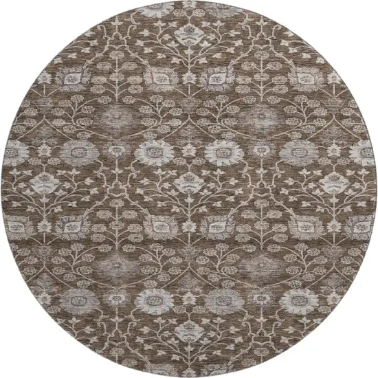8' Chocolate Beige And Gray Floral Washable Round Rug With UV Protection Photo 1