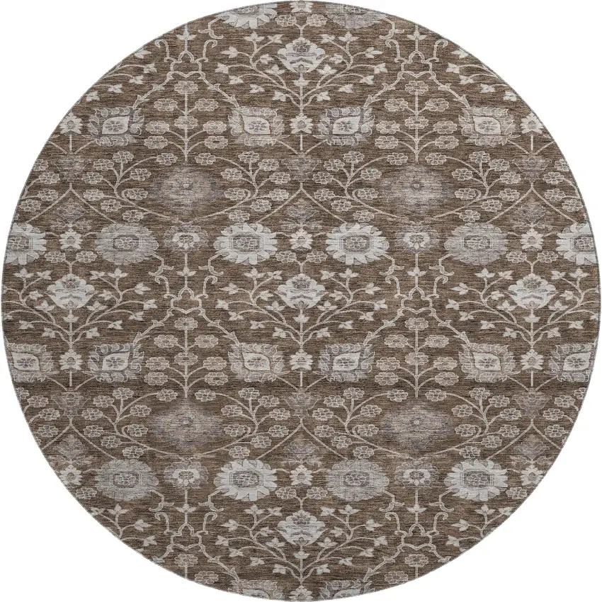 8' Chocolate Beige And Gray Floral Washable Round Rug With UV Protection Photo 1