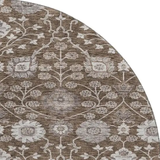 8' Chocolate Beige And Gray Floral Washable Round Rug With UV Protection Photo 3
