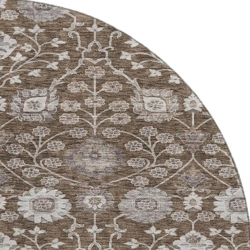 8' Chocolate Beige And Gray Floral Washable Round Rug With UV Protection Photo 3