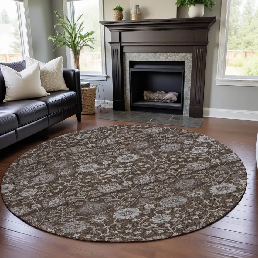 8' Chocolate Beige And Gray Floral Washable Round Rug With UV Protection Photo 4