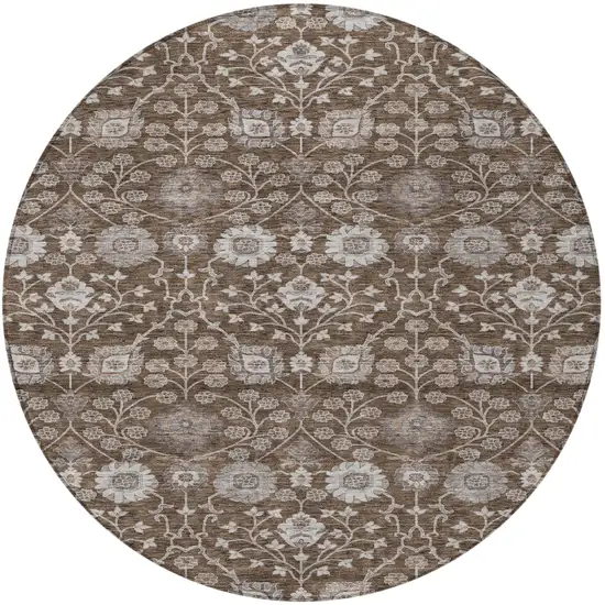 8' Chocolate Beige And Gray Round Floral Washable Indoor Outdoor Area Rug Photo 5