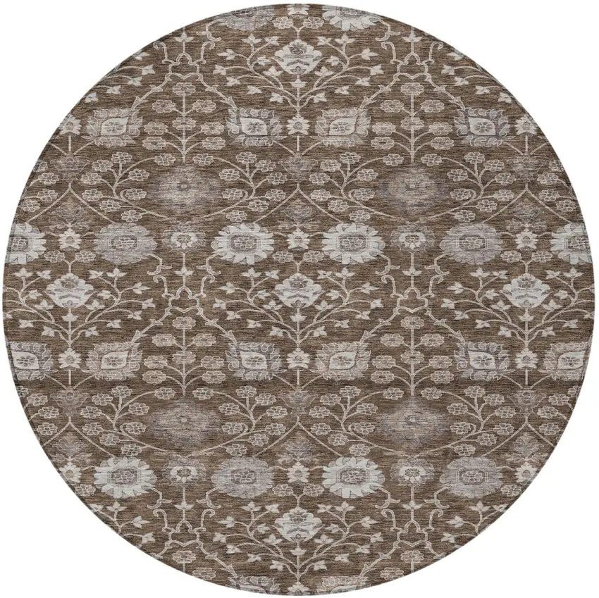 8' Chocolate Beige And Gray Round Floral Washable Indoor Outdoor Area Rug Photo 5