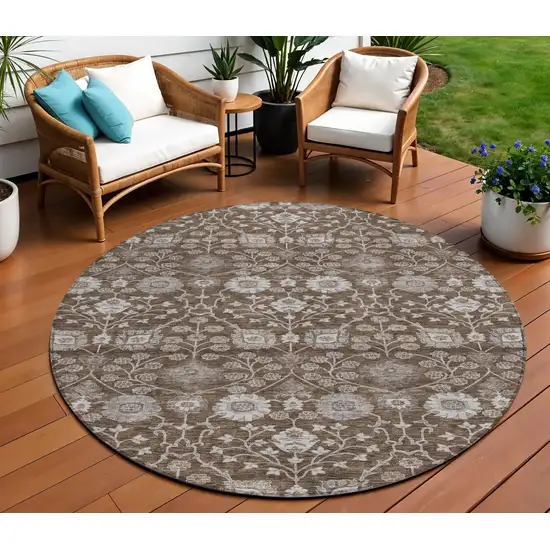 8' Chocolate Beige And Gray Round Floral Washable Indoor Outdoor Area Rug Photo 1
