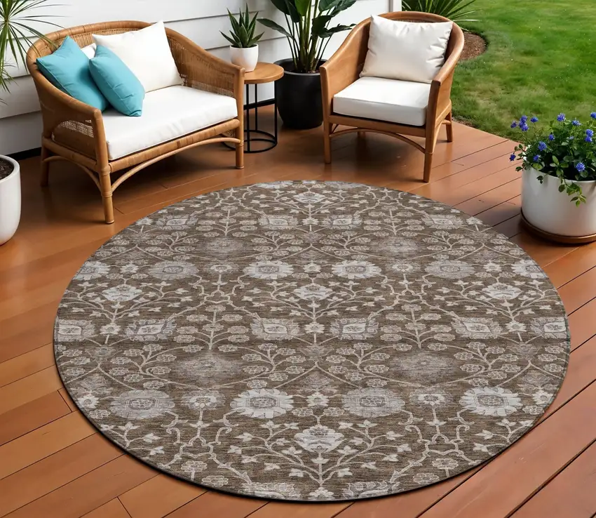 8' Chocolate Beige And Gray Round Floral Washable Indoor Outdoor Area Rug Photo 1