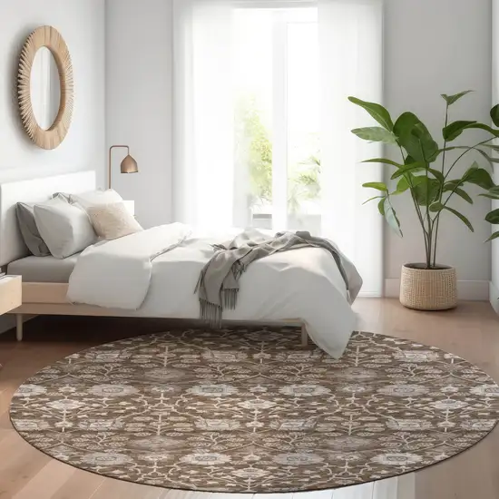 8' Chocolate Beige And Gray Round Floral Washable Indoor Outdoor Area Rug Photo 7
