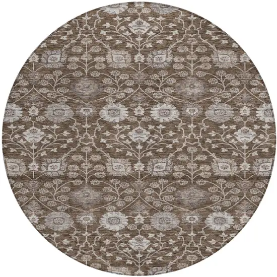 8' Chocolate Beige And Gray Round Floral Washable Indoor Outdoor Area Rug Photo 2