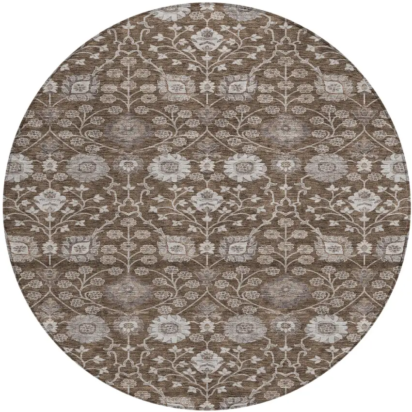 8' Chocolate Beige And Gray Round Floral Washable Indoor Outdoor Area Rug Photo 2