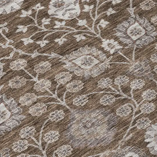 8' Chocolate Beige And Gray Round Floral Washable Indoor Outdoor Area Rug Photo 9