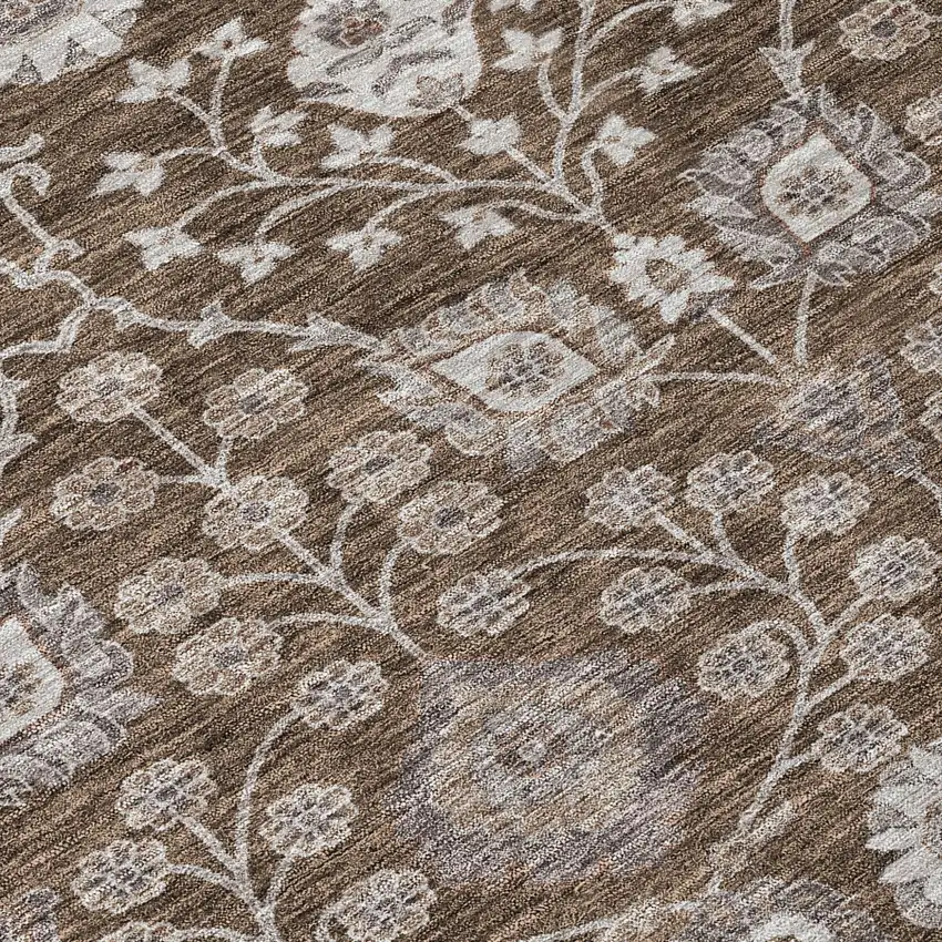 8' Chocolate Beige And Gray Round Floral Washable Indoor Outdoor Area Rug Photo 9
