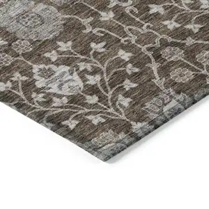Photo of 8' Chocolate Beige And Gray Round Floral Washable Indoor Outdoor Area Rug