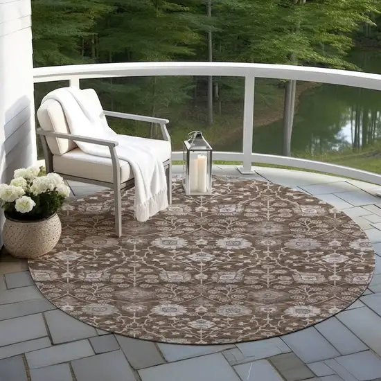 8' Chocolate Beige And Gray Round Floral Washable Indoor Outdoor Area Rug Photo 6