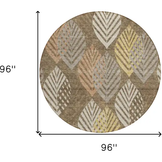 8' Chocolate Beige And Gray Round Floral Washable Indoor Outdoor Area Rug Photo 9