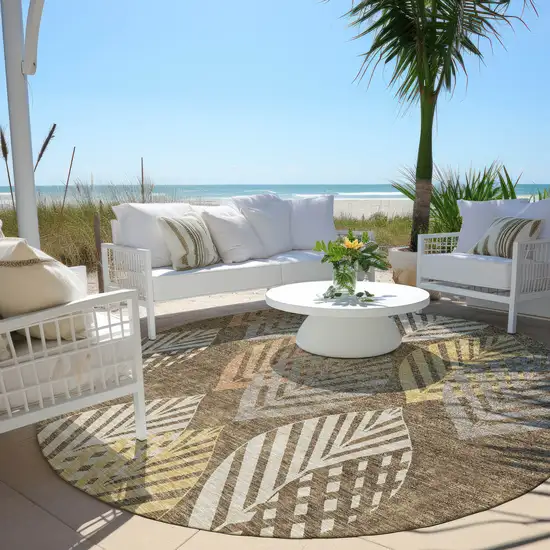 8' Chocolate Beige And Gray Round Floral Washable Indoor Outdoor Area Rug Photo 7