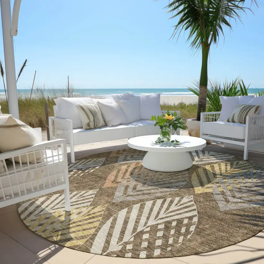 8' Chocolate Beige And Gray Round Floral Washable Indoor Outdoor Area Rug Photo 7