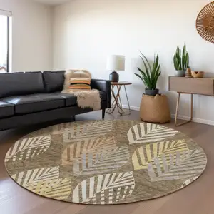 Photo of 8' Chocolate Beige And Gray Round Floral Washable Indoor Outdoor Area Rug