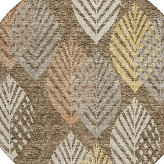 8' Chocolate Beige And Gray Round Floral Washable Indoor Outdoor Area Rug Photo 5