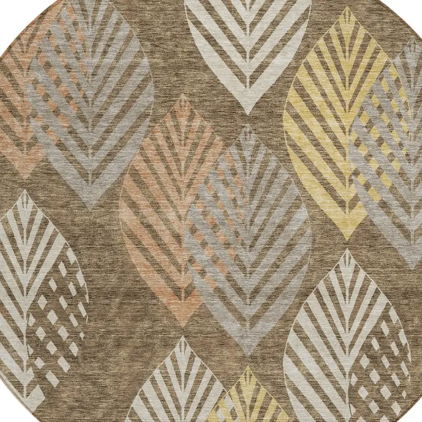 8' Chocolate Beige And Gray Round Floral Washable Indoor Outdoor Area Rug Photo 5