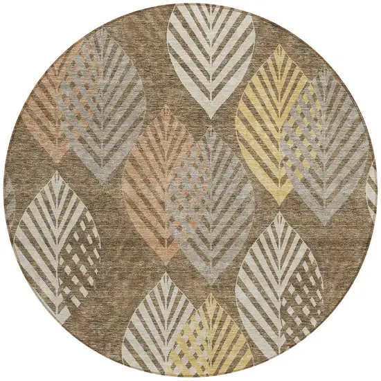 8' Chocolate Beige And Gray Round Floral Washable Indoor Outdoor Area Rug Photo 6