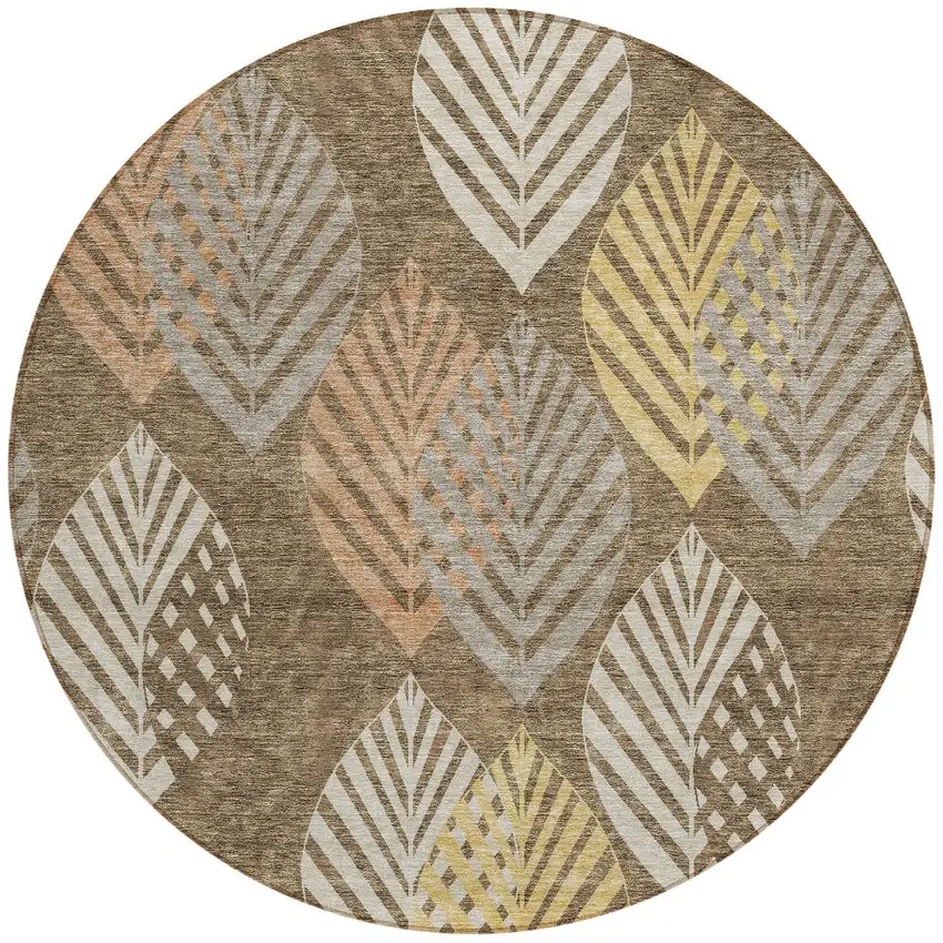 8' Chocolate Beige And Gray Round Floral Washable Indoor Outdoor Area Rug Photo 6